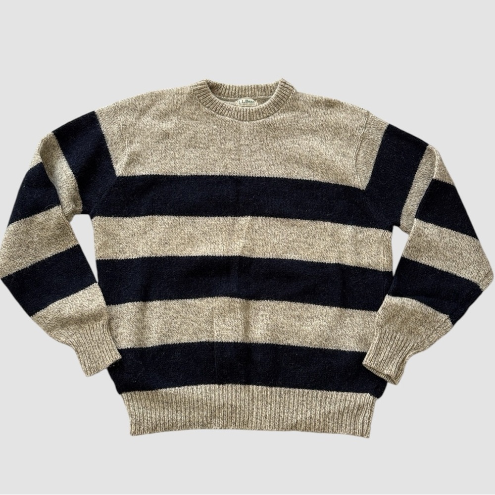 L.L. Bean True Vintage 80’s Ragg Wool Rugby Stripe Sweater Tan Navy Men’s XL - Picture 2 of 13